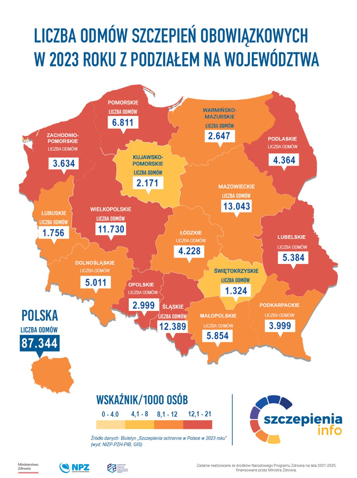 Liczba odmów szczepień obowiązkowych w 2023 r z podziałem na województwa