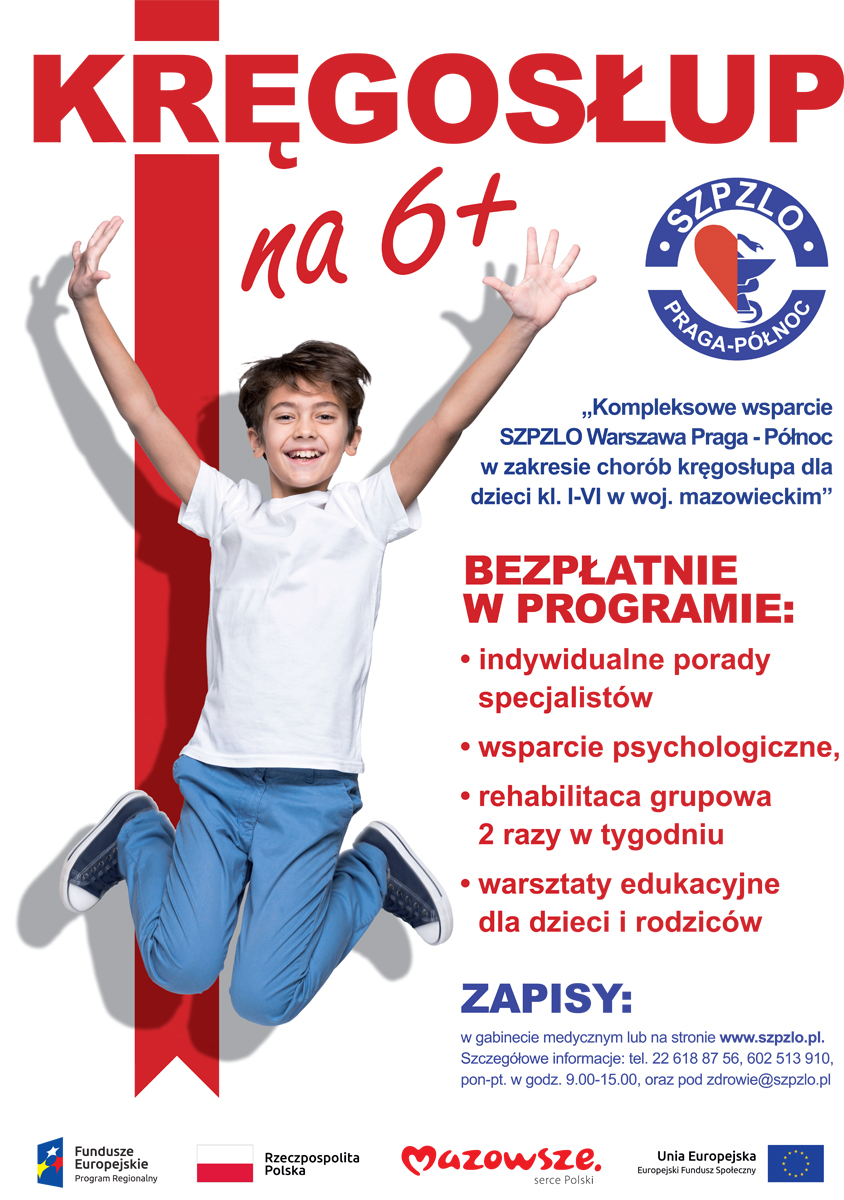 plakat informacyjny o programie w tle usmiechnięty chłopiec podskakujący w górę z rozłożonymi szeroko rękami