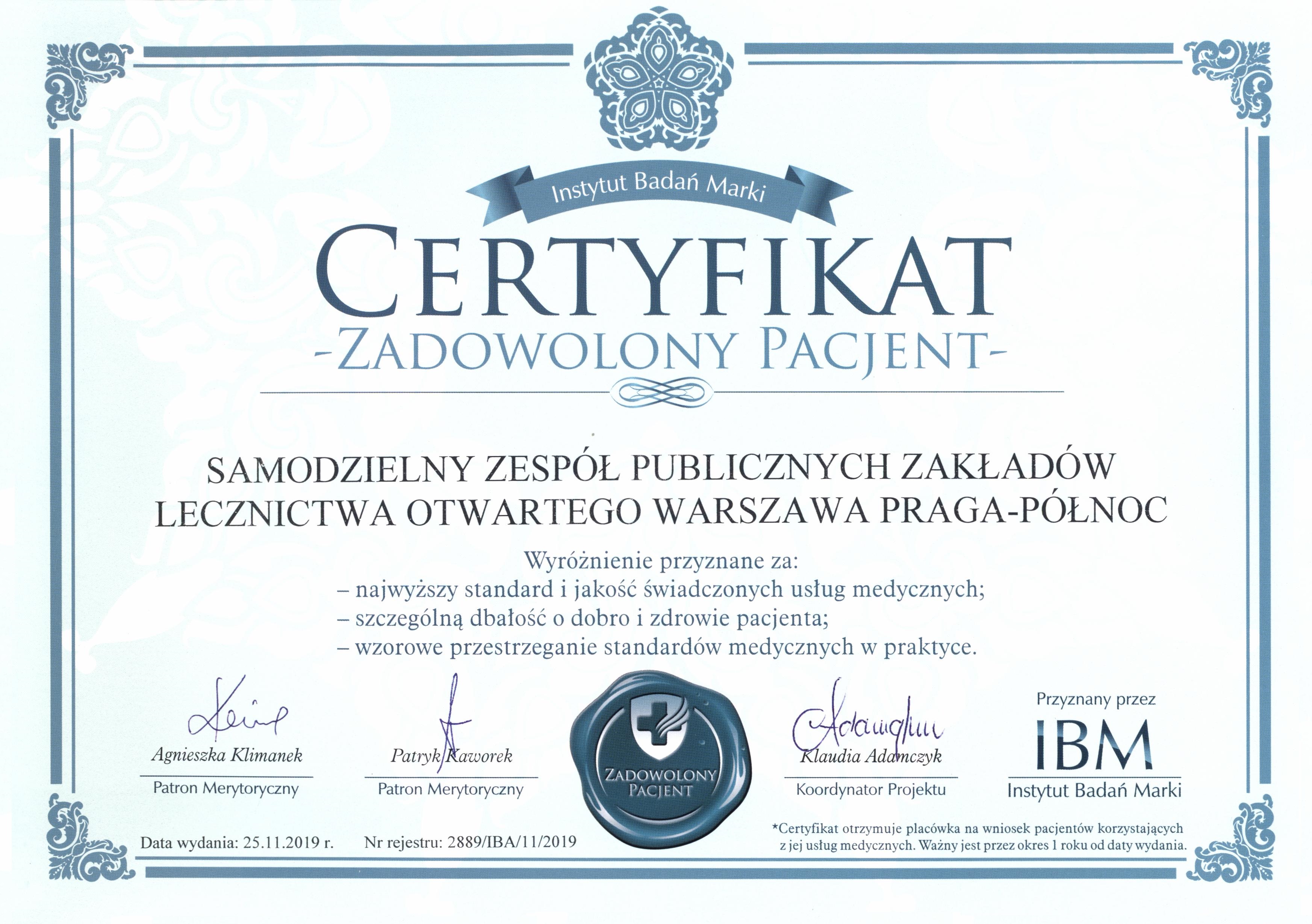 certyfikat zadowolony pacjent